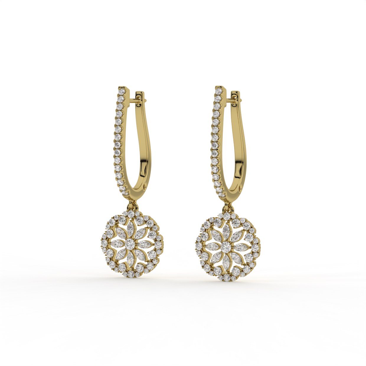 Floral Disc Lab Grown Diamond Drop Hoops image 1