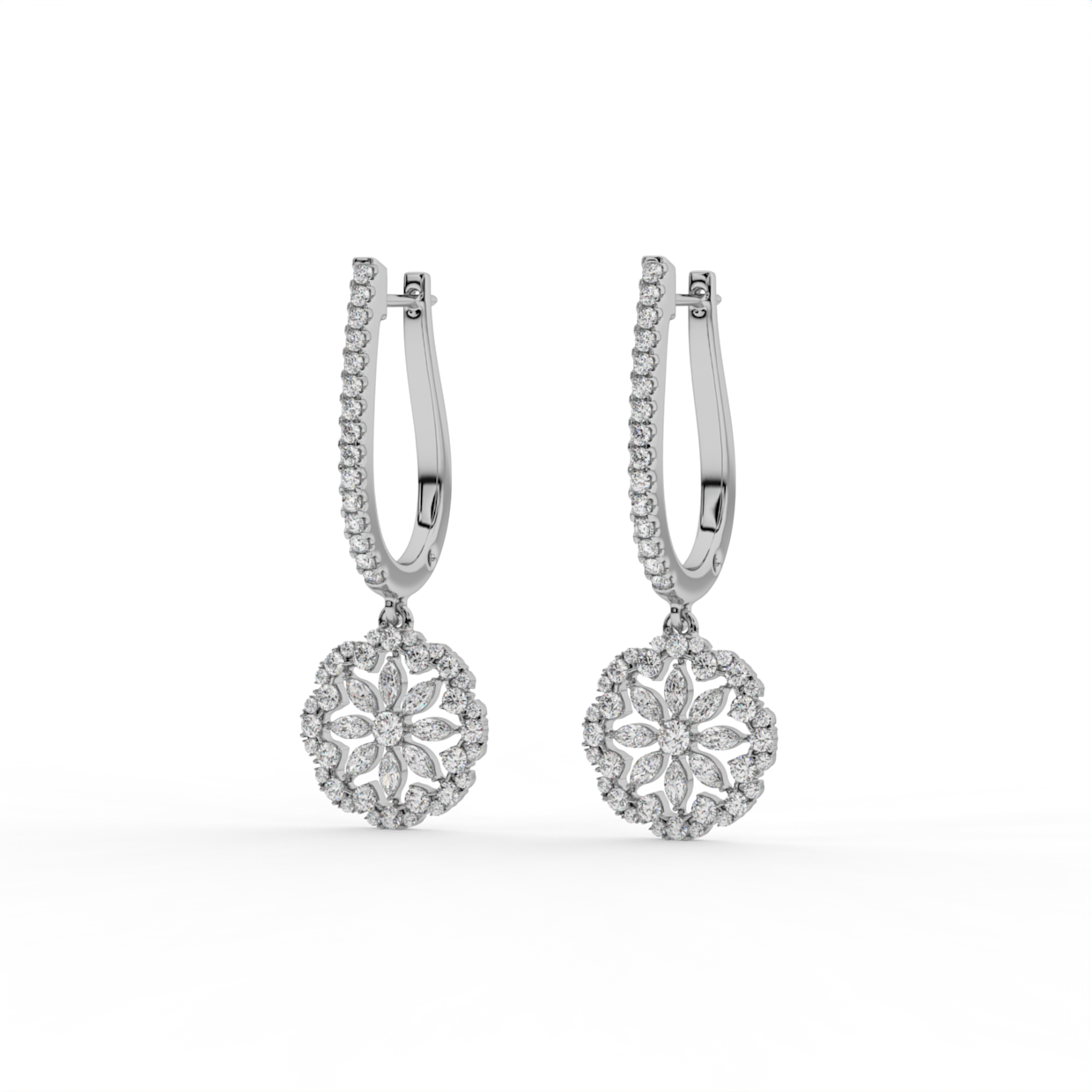 Floral Disc Lab Grown Diamond Drop Hoops image 10